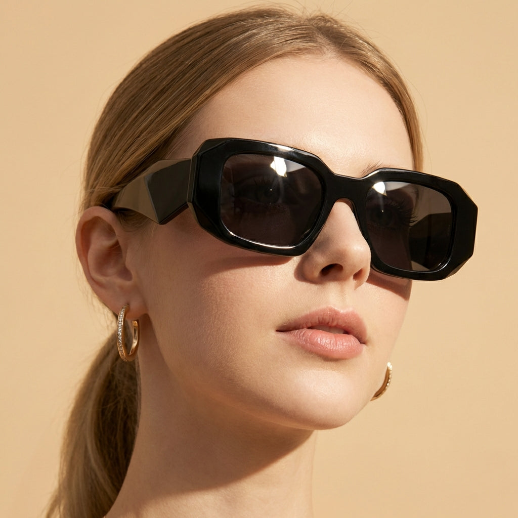 Modell bär unisex solglasögon med UV400-skydd, elegant och moderiktig presenttips