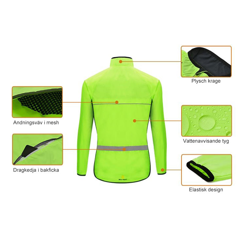 Unisex vattentät sport vindjacka i polyester, finns i flera färger som grön och orange, reflekterande detaljer.