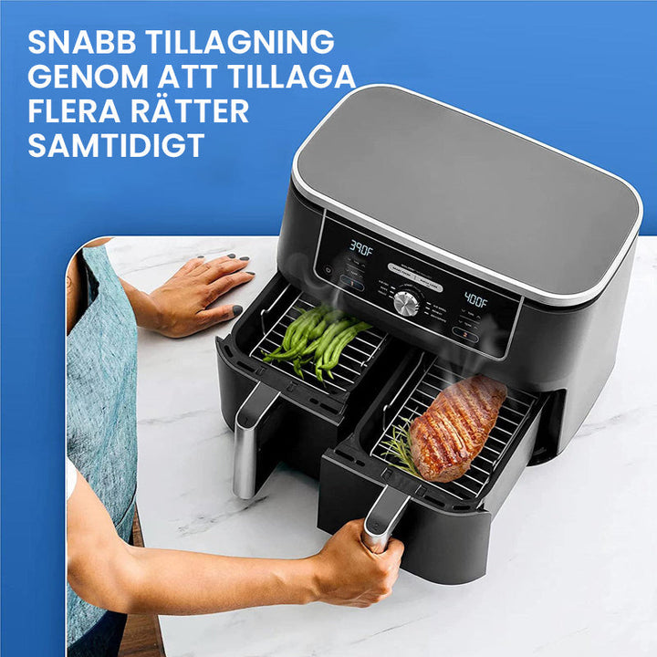 "Universellt grillställ i rostfritt stål, justerbart och diskmaskinsäkert, för ångning och stekning i köket."