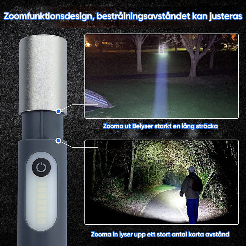 "Uppladdningsbar LED-ficklampa med svart aluminiumkropp, bred strålkastare och krok, perfekt för utomhusbruk."