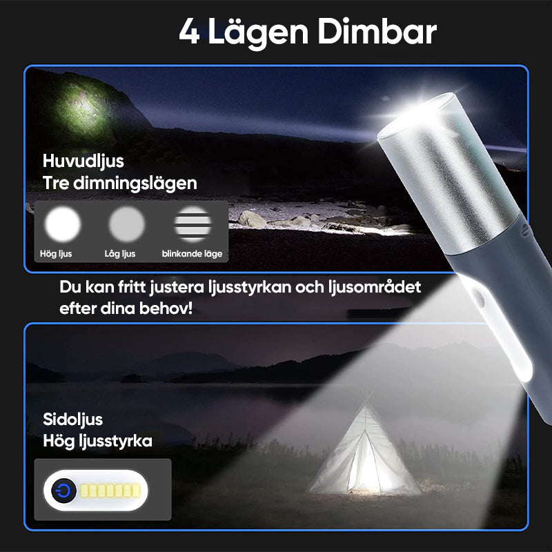 "Uppladdningsbar LED-ficklampa med svart aluminiumkropp, bred strålkastare och krok, perfekt för utomhusbruk."