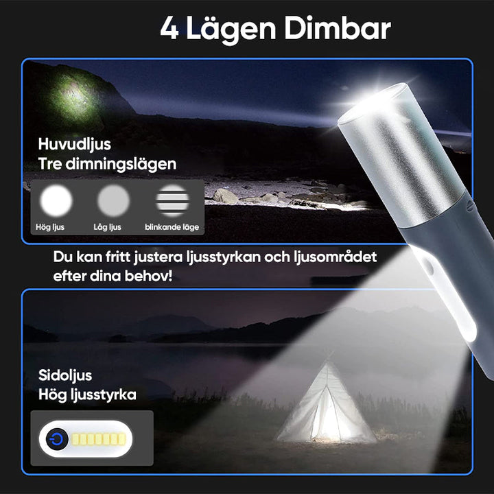 "Uppladdningsbar LED-ficklampa med svart aluminiumkropp, bred strålkastare och krok, perfekt för utomhusbruk."