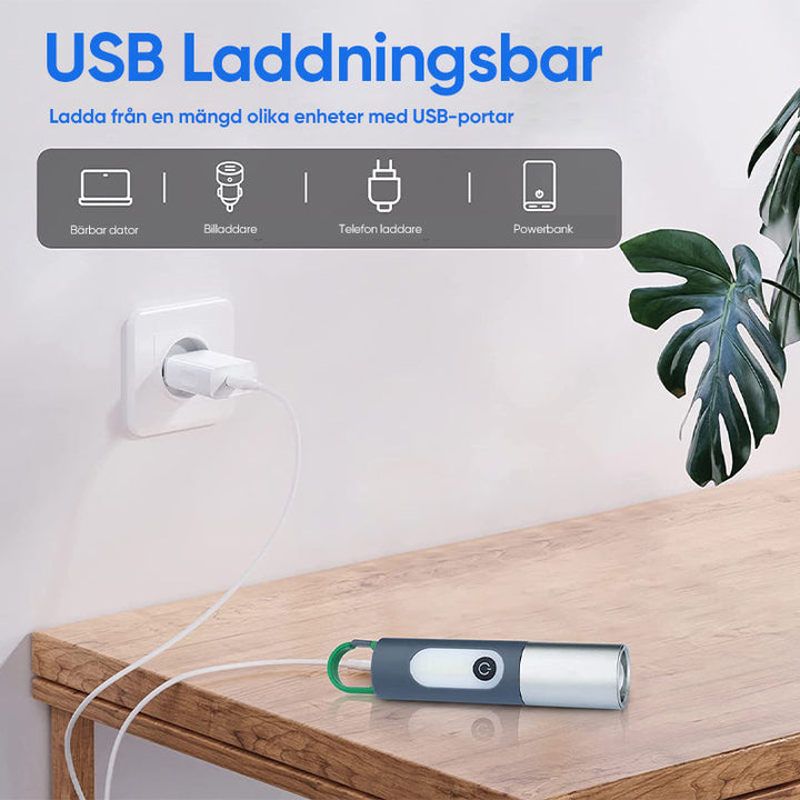 "Uppladdningsbar LED-ficklampa med svart aluminiumkropp, bred strålkastare och krok, perfekt för utomhusbruk."