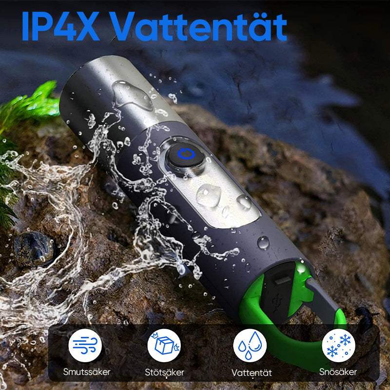 "Uppladdningsbar LED-ficklampa med svart aluminiumkropp, bred strålkastare och krok, perfekt för utomhusbruk."