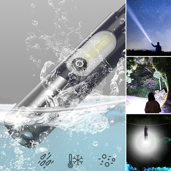 "Uppladdningsbar LED-ficklampa med svart aluminiumkropp, bred strålkastare och krok, perfekt för utomhusbruk."