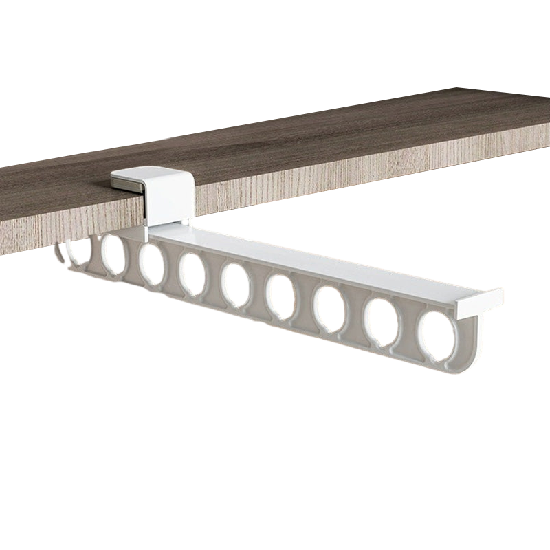 "Utdragbar garderobsorganisatör i modern design för effektiv hemförvaring med glidmekanism, i grå och vit."