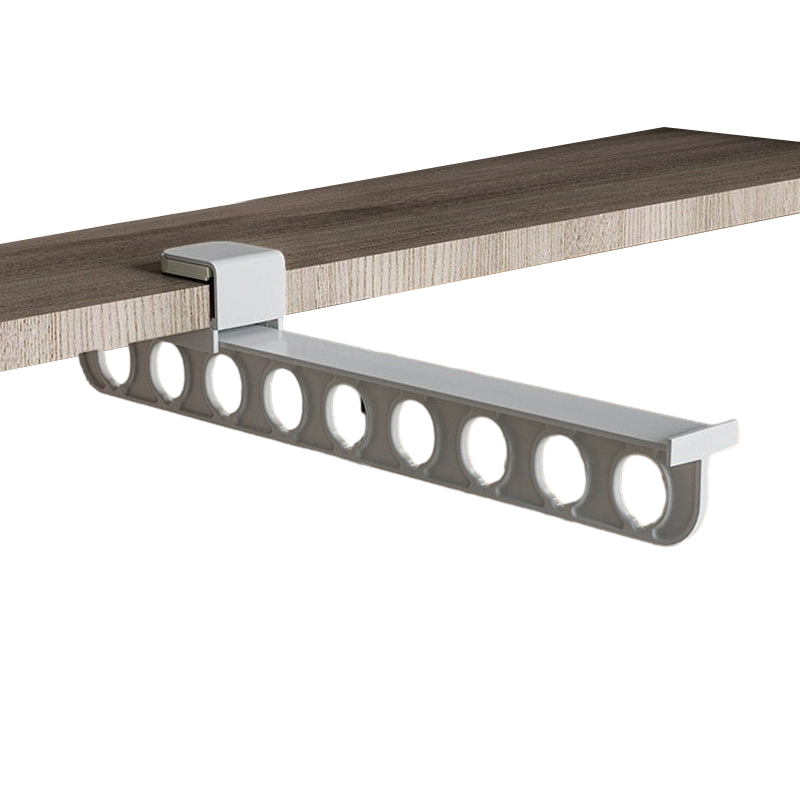 "Utdragbar garderobsorganisatör i modern design för effektiv hemförvaring med glidmekanism, i grå och vit."