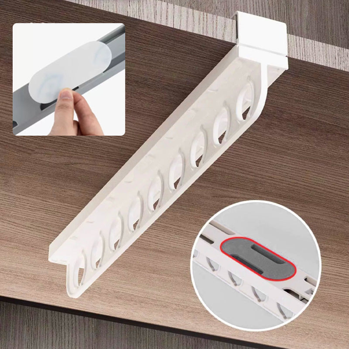 "Utdragbar garderobsorganisatör i modern design för effektiv hemförvaring med glidmekanism, i grå och vit."