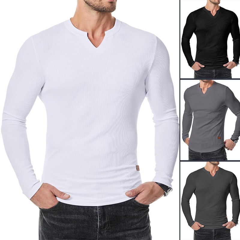 "V-ringad långärmad muskelskjorta för män med slim fit, framhäver kroppens fysik med modern design och komfort."