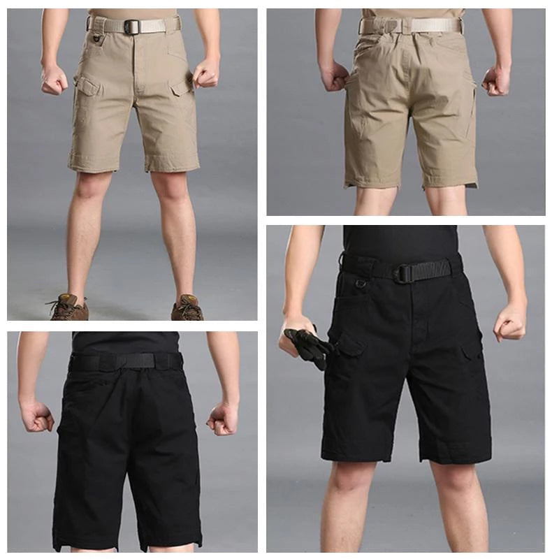 "Vattentåliga herrvandrarshorts med flera fickor, elastiskt midjeband och förstärkt tyg i grön färg, främre vy."