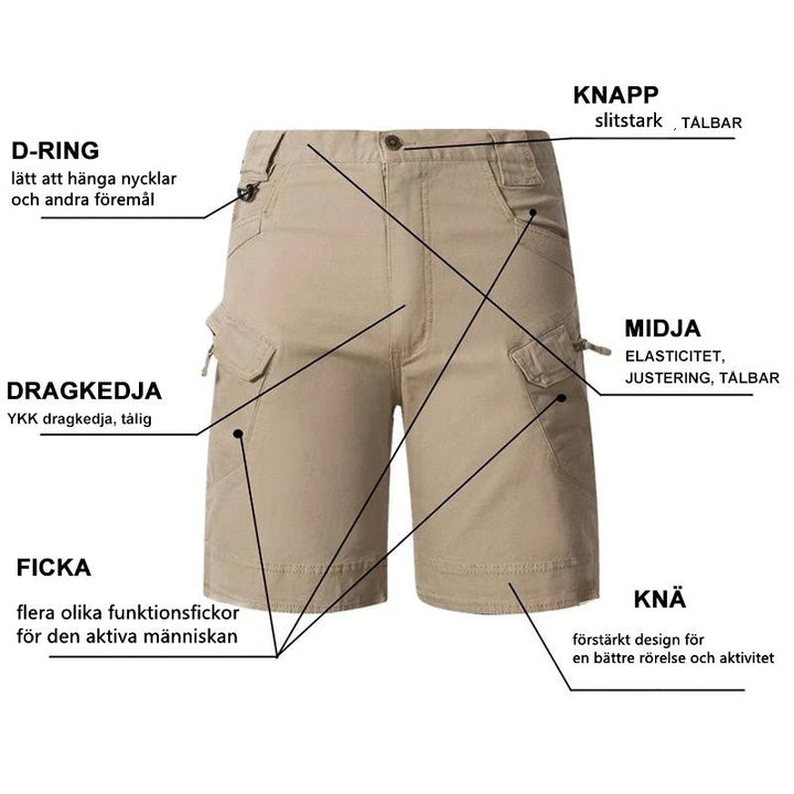 "Vattentåliga herrvandrarshorts med flera fickor, elastiskt midjeband och förstärkt tyg i grön färg, främre vy."