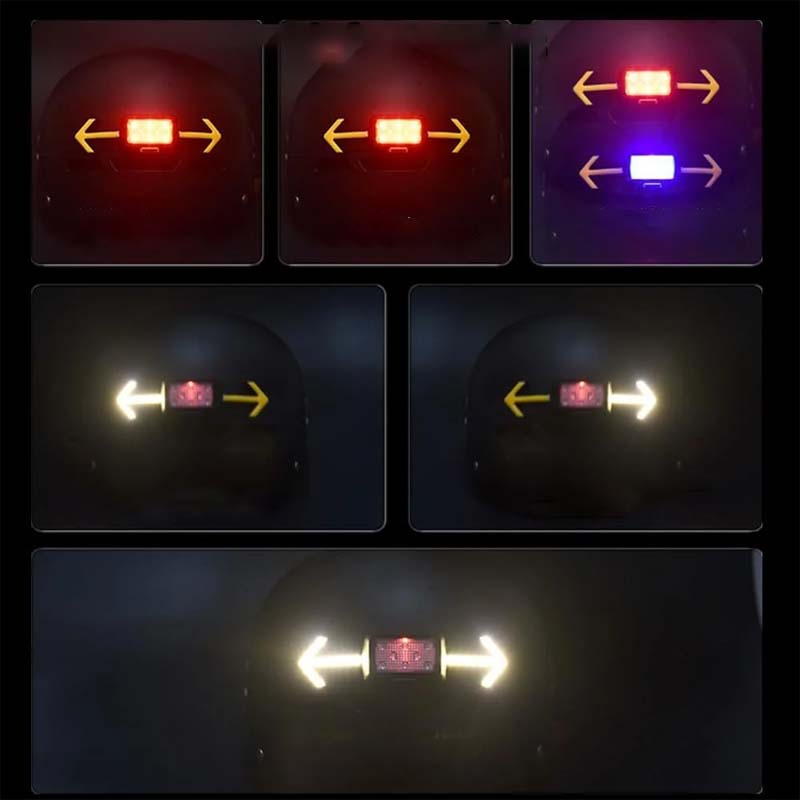 "Vattentät cykelblinkerslampa med fjärrkontroll, röd och svart, monterad på hjälm för optimal säkerhet och synlighet."