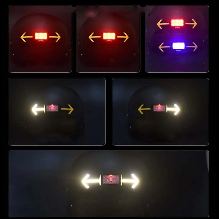 "Vattentät cykelblinkerslampa med fjärrkontroll, röd och svart, monterad på hjälm för optimal säkerhet och synlighet."