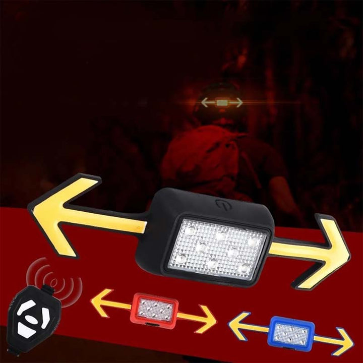 "Vattentät cykelblinkerslampa med fjärrkontroll, röd och svart, monterad på hjälm för optimal säkerhet och synlighet."