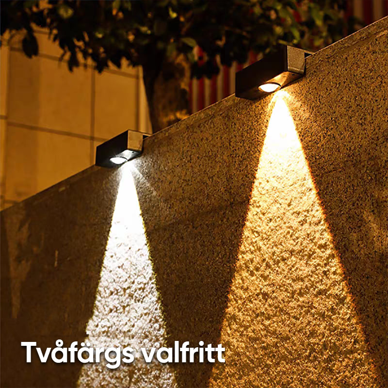 Vattentät LED-solvägglampa, IP65, utomhusbelysning, automatisk sensor, elegant design för dörrar och trädgårdar.