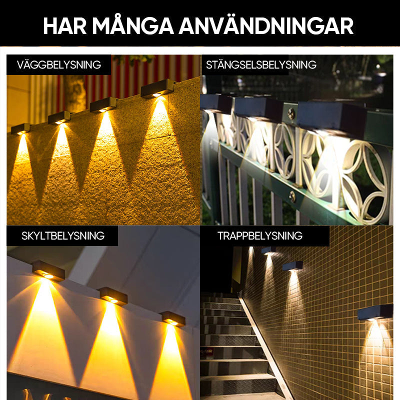 Vattentät LED-solvägglampa, IP65, utomhusbelysning, automatisk sensor, elegant design för dörrar och trädgårdar.