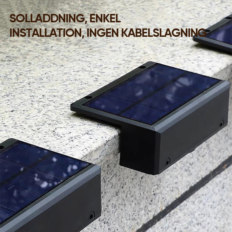 Vattentät LED-solvägglampa, IP65, utomhusbelysning, automatisk sensor, elegant design för dörrar och trädgårdar.