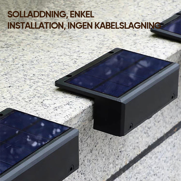 Vattentät LED-solvägglampa, IP65, utomhusbelysning, automatisk sensor, elegant design för dörrar och trädgårdar.