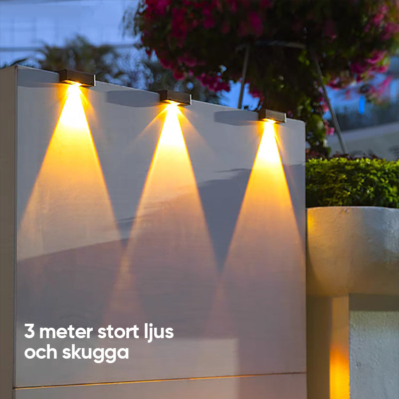 Vattentät LED-solvägglampa, IP65, utomhusbelysning, automatisk sensor, elegant design för dörrar och trädgårdar.