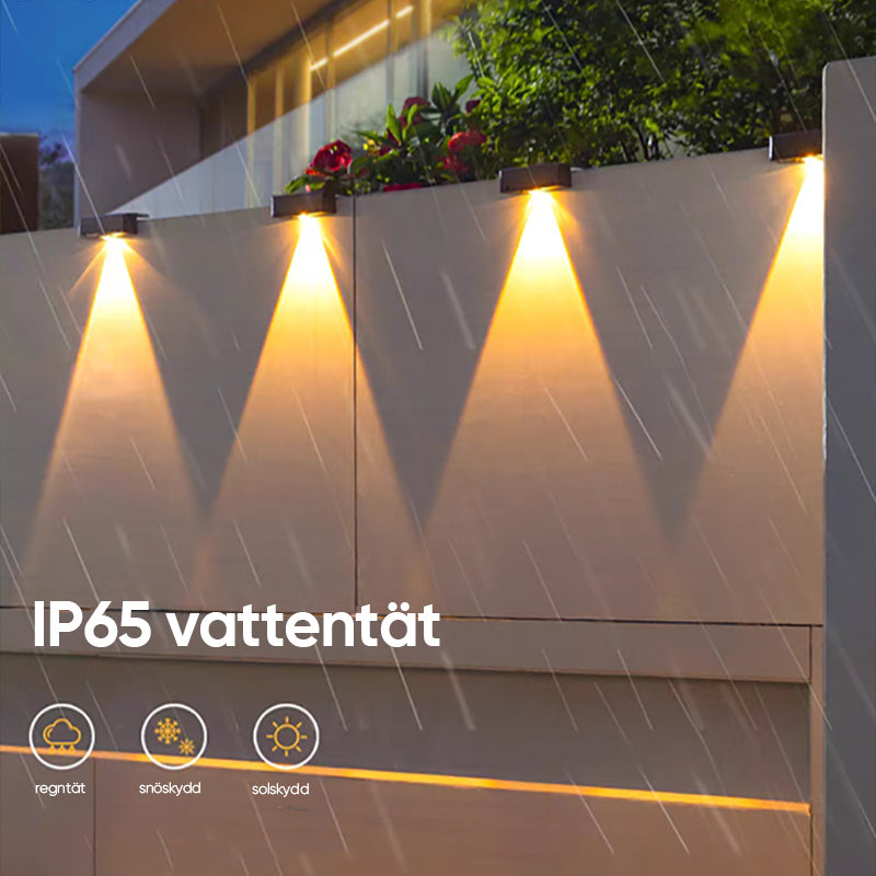 Vattentät LED-solvägglampa, IP65, utomhusbelysning, automatisk sensor, elegant design för dörrar och trädgårdar.
