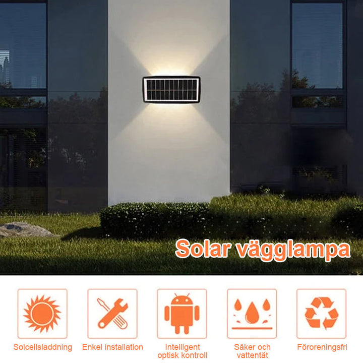 "Vattentät solar utomhus vägglampa med två ljuslägen, lyser uppåt och nedåt. Perfekt för trädgård eller uteplats."