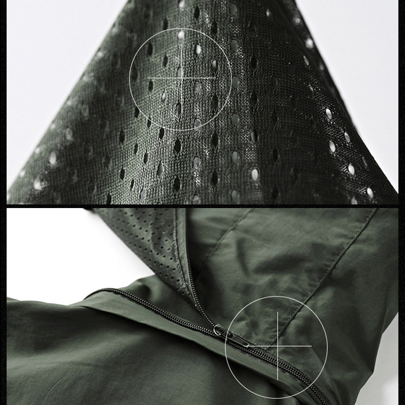 "Vattentät utomhus herrjacka i armégrönt, vindtät, med dragkedja och fickor, perfekt för äventyr i naturen."