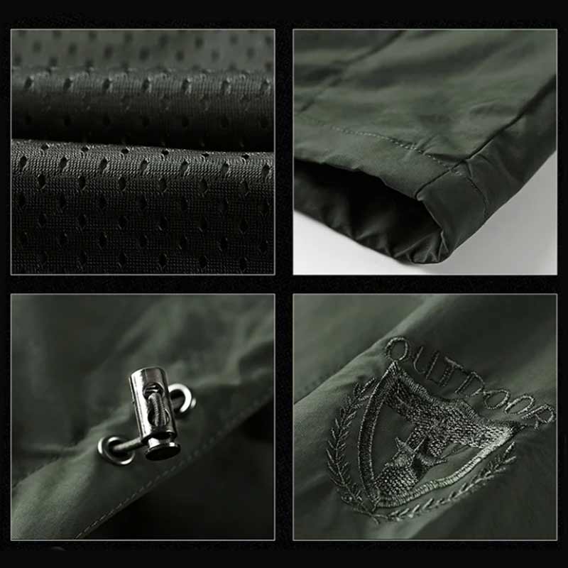 "Vattentät utomhus herrjacka i armégrönt, vindtät, med dragkedja och fickor, perfekt för äventyr i naturen."