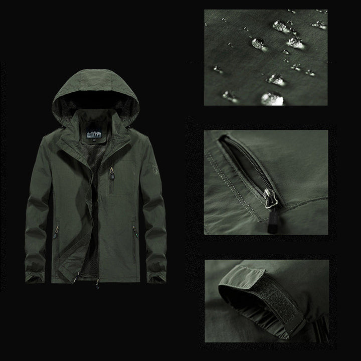 "Vattentät utomhus herrjacka i armégrönt, vindtät, med dragkedja och fickor, perfekt för äventyr i naturen."