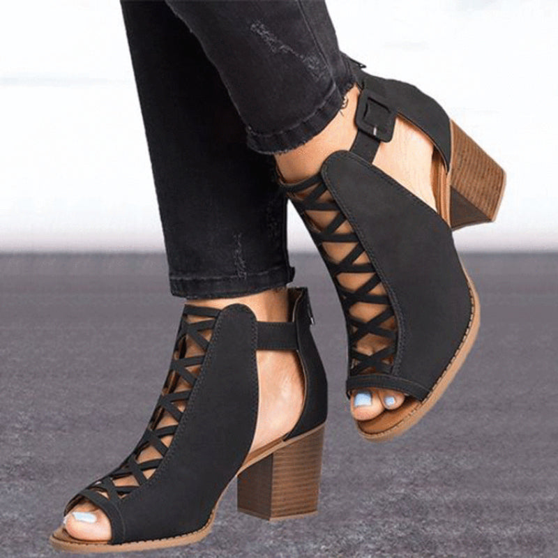 "Vattentäta dam peep-toe chunky heel sandaler med dragkedja, romersk design, svart och beige, stilrena och bekväma."