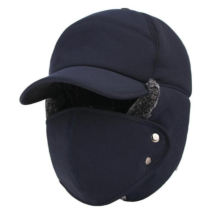 Vindtät unisex vintermössa med svarta öronlappar och avtagbart ansiktsskydd, perfekt för kallt väder.