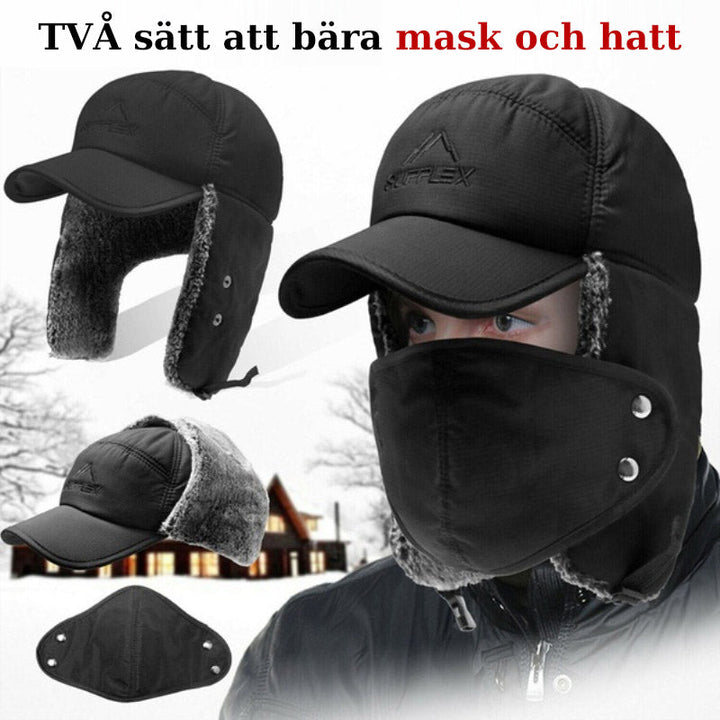Vindtät unisex vintermössa med svarta öronlappar och avtagbart ansiktsskydd, perfekt för kallt väder.