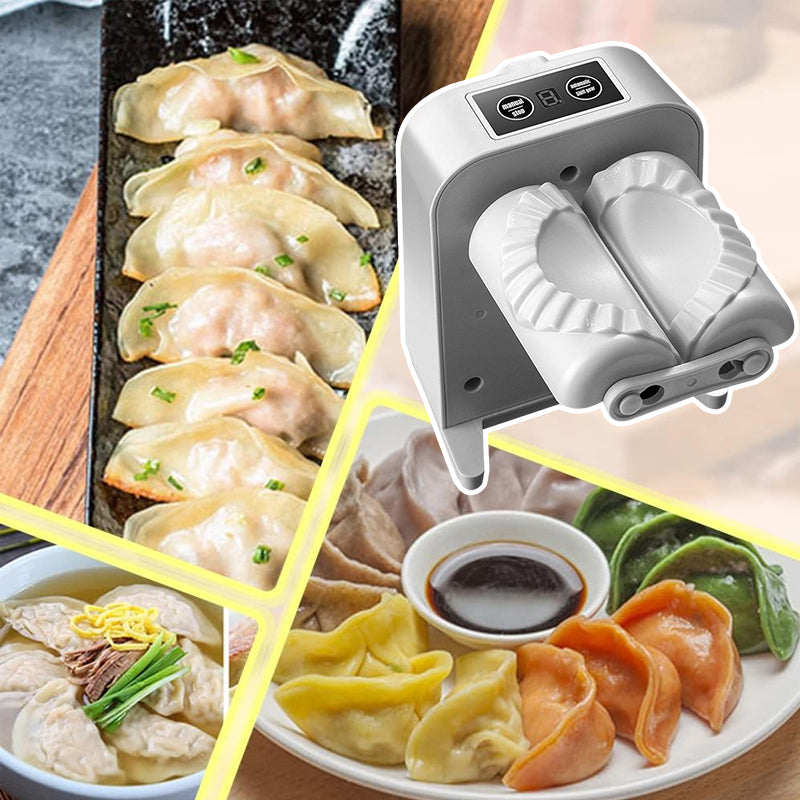 "Vit elektrisk dumplingsmaskin i modern design, USB-uppladdningsbar, köksprodukt för snabb och enkel dumplingstillverkning."