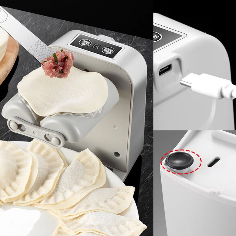 "Vit elektrisk dumplingsmaskin i modern design, USB-uppladdningsbar, köksprodukt för snabb och enkel dumplingstillverkning."