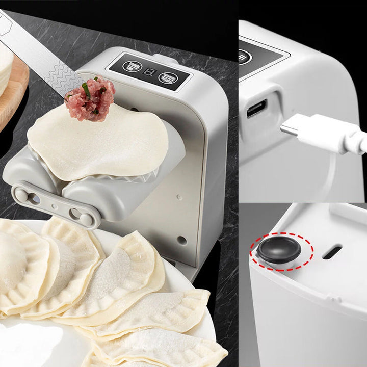 "Vit elektrisk dumplingsmaskin i modern design, USB-uppladdningsbar, köksprodukt för snabb och enkel dumplingstillverkning."