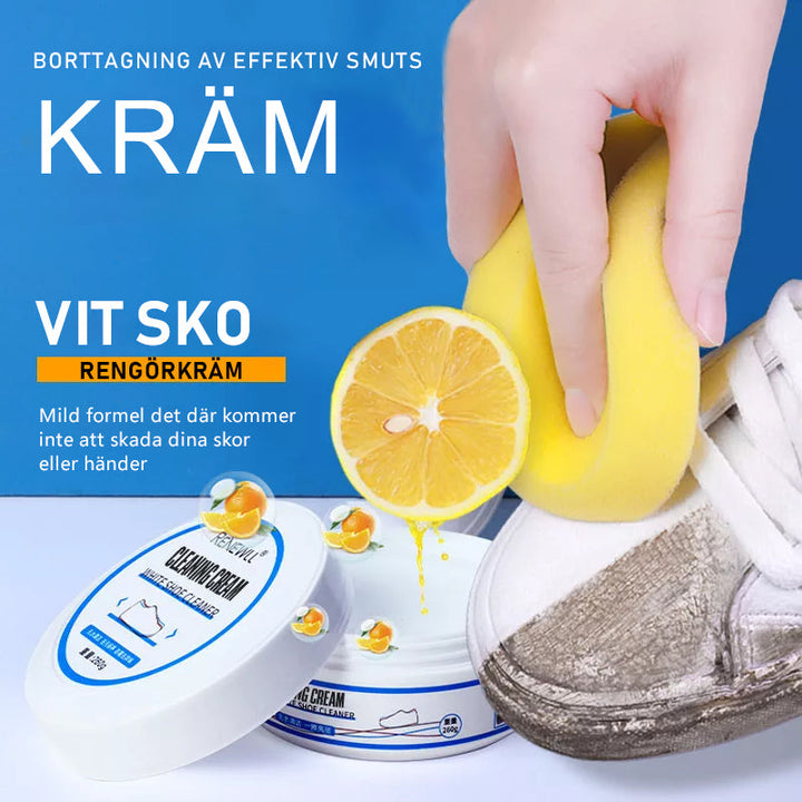 "Vit skokräm för effektiv rengöring, burk med glansigt innehåll, perfekt för vita och slitna skor, skonsam och effektiv."