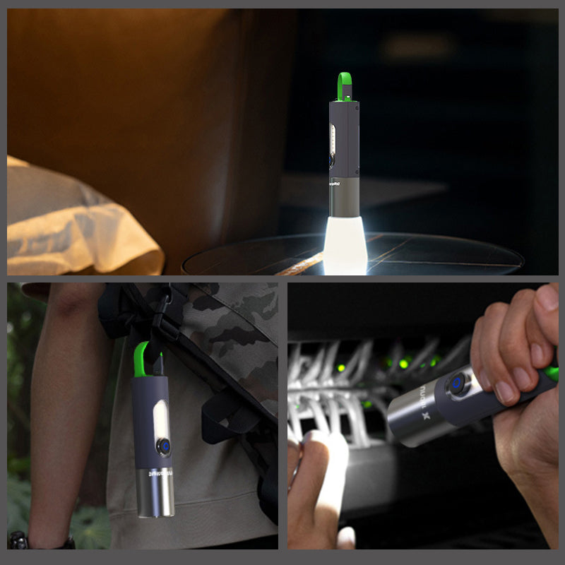 "Zoombar LED-ficklampa, kompakt design i silver, USB-C-laddning, fyra ljuslägen för utomhusäventyr, IP55-skydd."