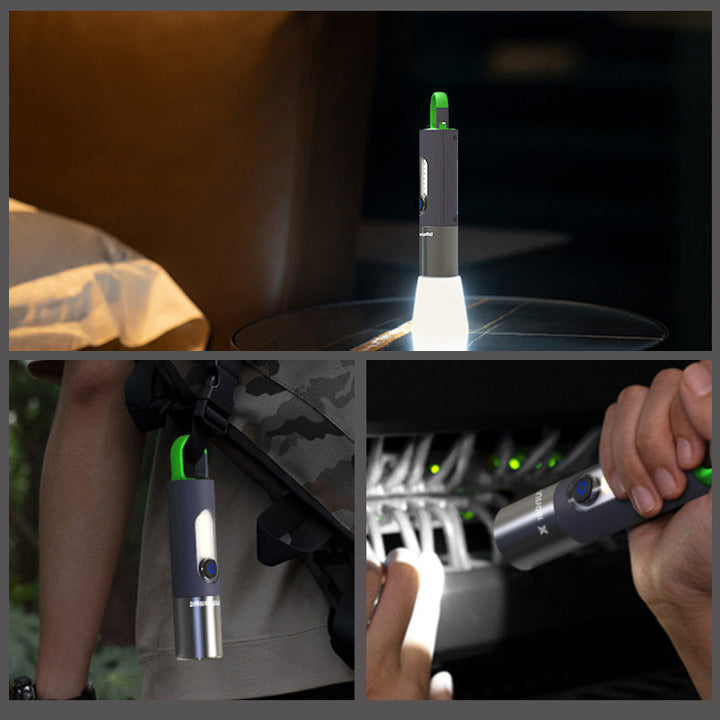 "Zoombar LED-ficklampa, kompakt design i silver, USB-C-laddning, fyra ljuslägen för utomhusäventyr, IP55-skydd."